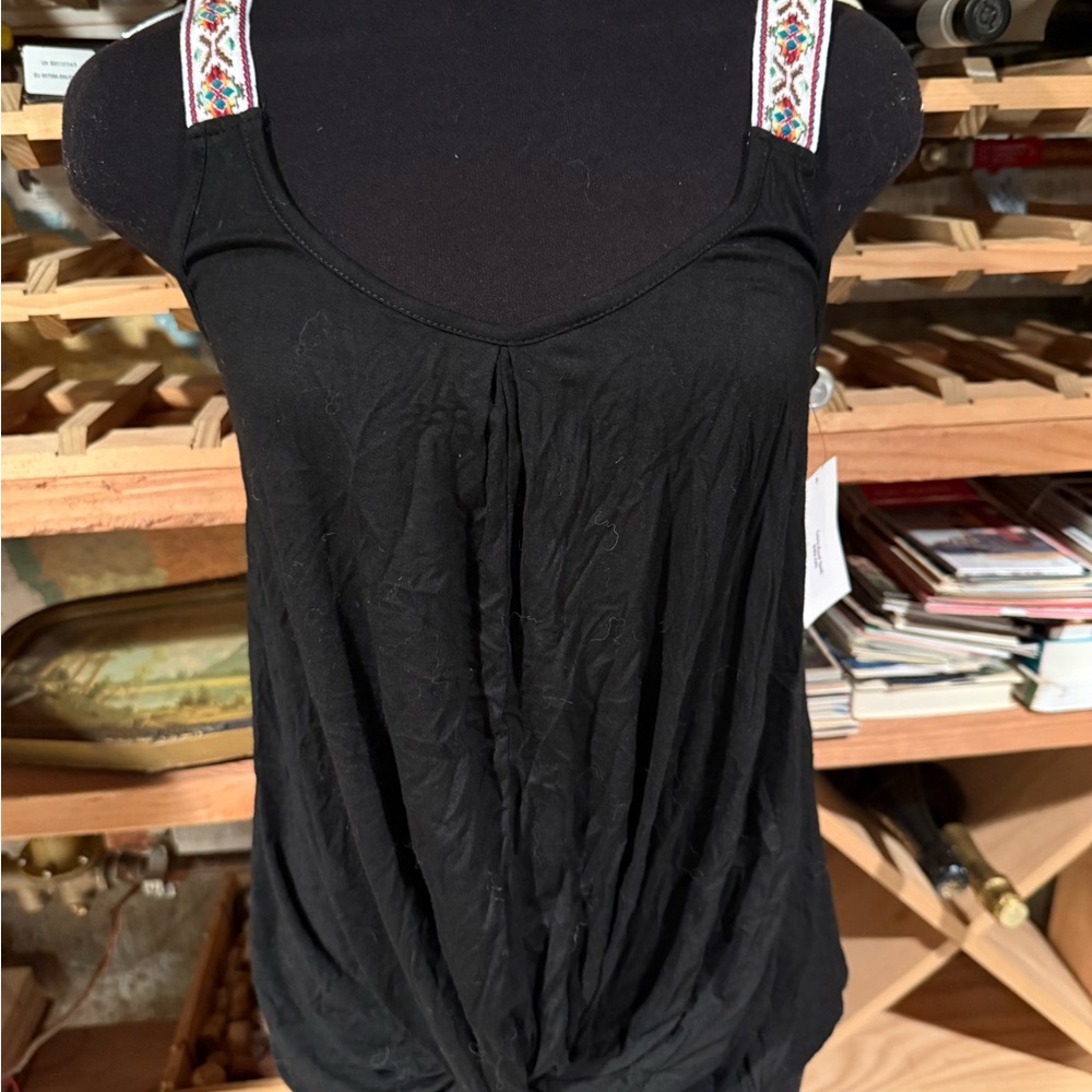 Black Tank Top with Embroidered Straps - Women